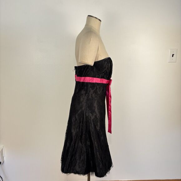 VTG Gunne Sax Jessica McClintock Black Pink Strapless Party Dress Lace Bow Prom - Picture 5 of 9